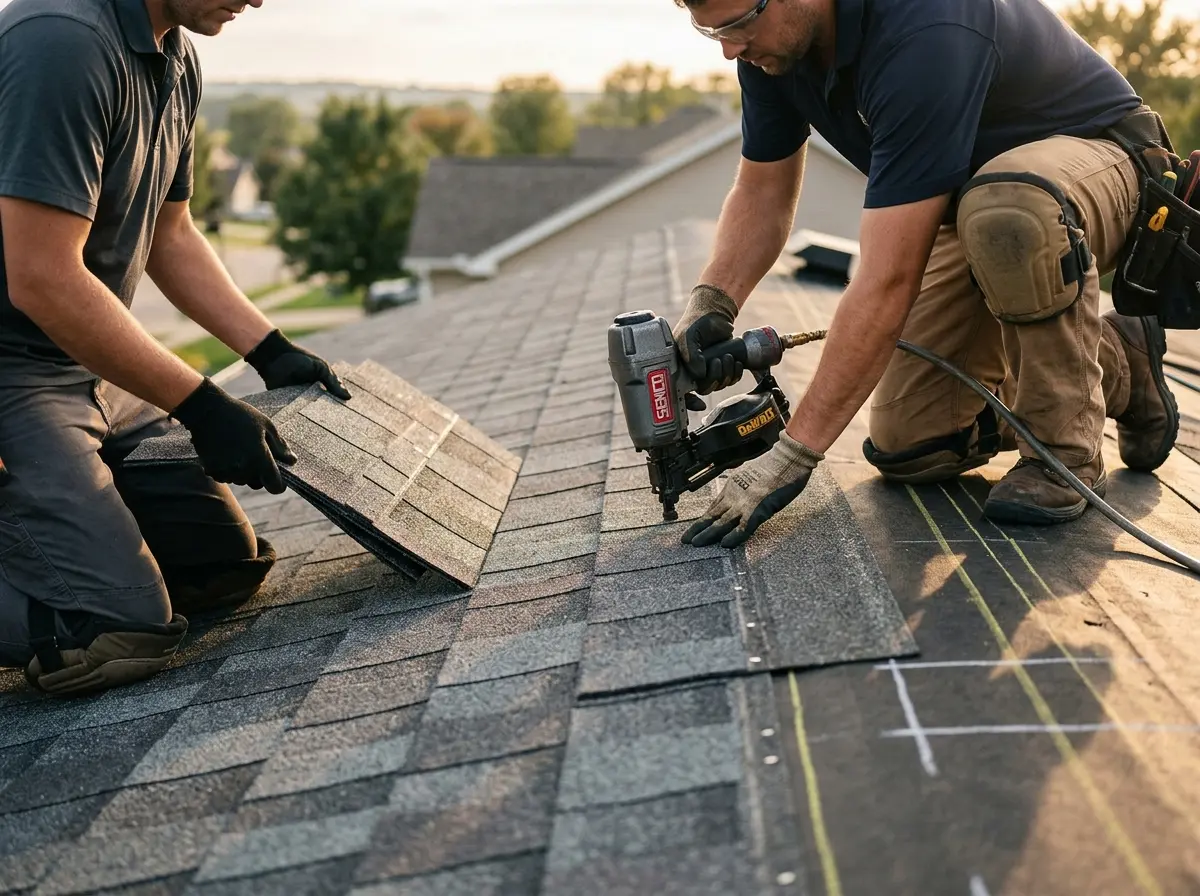 Professional roofer working on a residential roof in Bernardsville